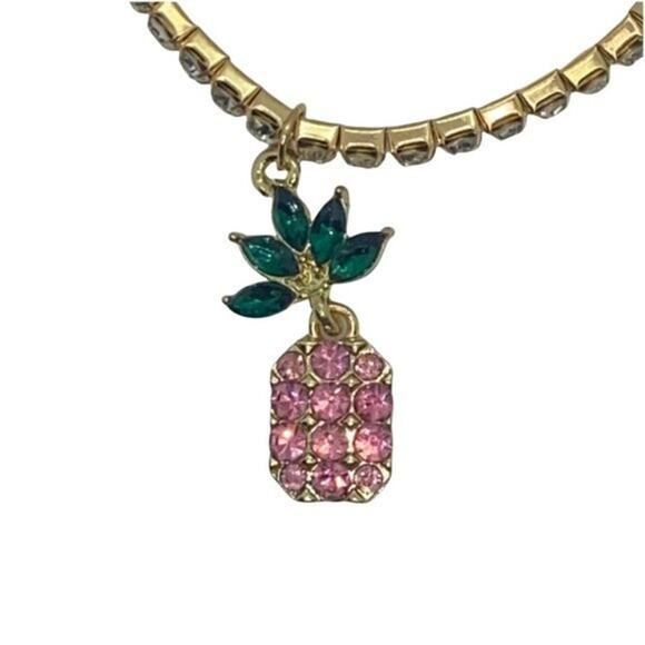 NWT Gold-Tone Green Pink Pineapple Rhinestone Beaded Stretch Bracelet - Picture 3 of 8